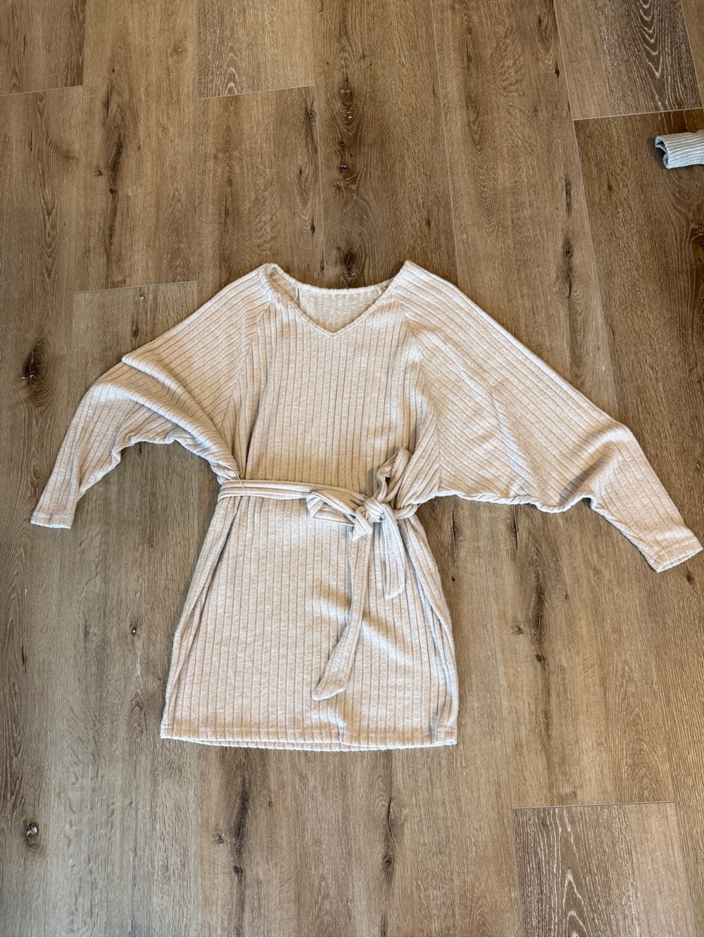 Tie-Waist Ribbed V-Neck Mini Dress - Cream - Picture 3 of 3